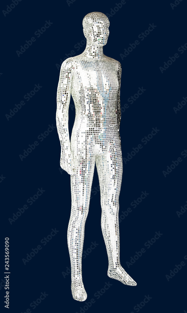 Mannequin covered with slices of a mirror on a black background. Mannequin man isolated.