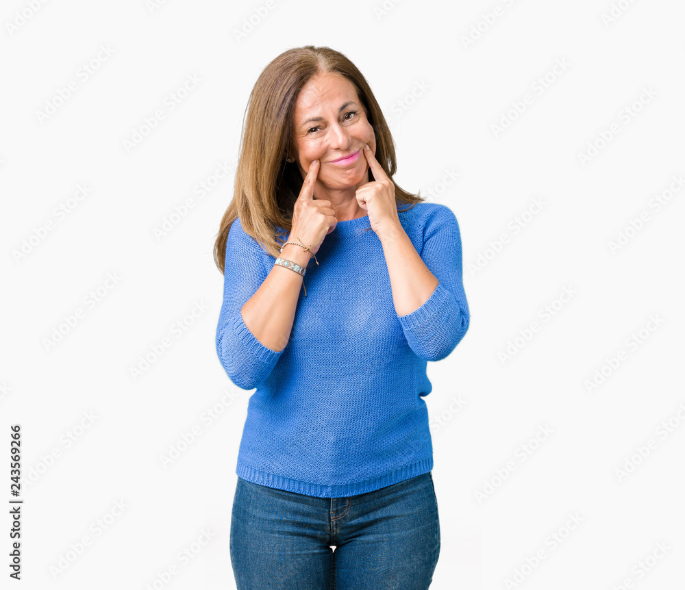 Middle age beautiful woman wearing winter sweater over isolated background Smiling with open mouth, fingers pointing and forcing Middle age beautiful woman wearing winter sweater over isolated background Smiling with open mouth, fingers pointing and forcing