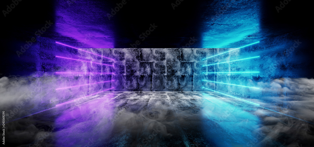 Neon Glowing Smoke Fog Grunge Concrete Sci Fi Modern Elegant Futuristic Gallery Empty Hall Vibrant Purple And Blue Light Lines Empty Space 3D Rendering Neon Glowing Smoke Fog Grunge Concrete Sci Fi Modern Elegant Futuristic Gallery Empty Hall Vibrant Purple And Blue Light Lines Empty Space 3D Rendering