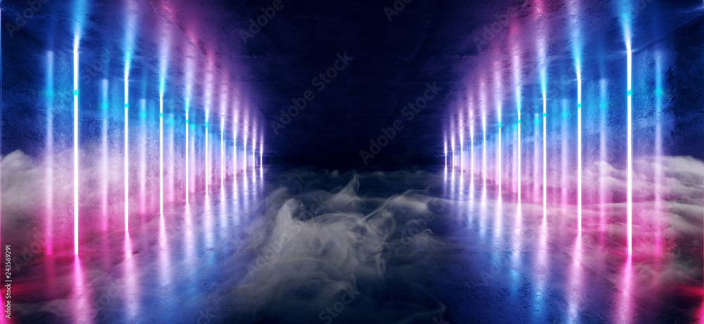 Neon Glowing Smoke Fog Grunge Concrete Sci Fi Modern Elegant Futuristic Gallery Empty Hall Vibrant Purple And Blue Light Lines Empty Space 3D Rendering