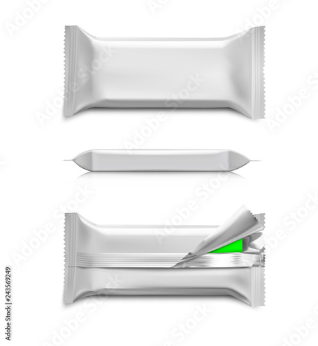 Realistic flow package mockups. Vector illustration isolated on white background. Front, side and rear view. It can be used in the adv, promo, package, etc. EPS10.
