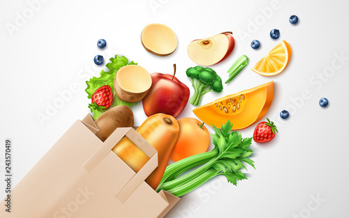 Vector healthy food, organic fruit in shopping bag