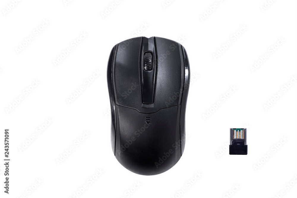 A black wireless mouse isolated on white. Top view A black wireless mouse isolated on white. Top view