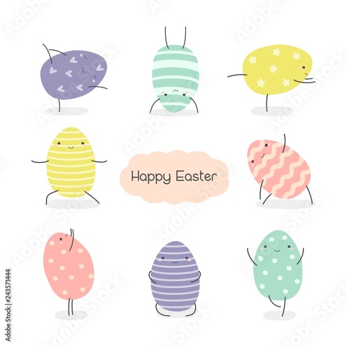 Set of Easter eggs in kawaii style . Easter yoga. Stripes, waves, dots, hearts, stars. Perfect for holiday greetings. Vector illustration.