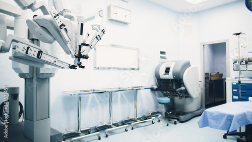 Minimal invasive robot surgical system in hospital. Robotic technology equipment, machine arm surgeon in futuristic operation room. Medical inovation 3D view endoscopy for robot surgery in healthcare