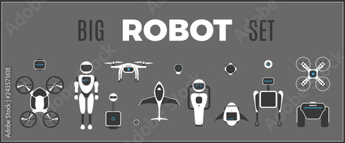 Modern robotic set vector illustration with stylish robot, drone, autonomous vehicle, flying car