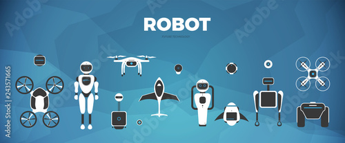 Modern robotic set vector illustration with stylish robot, drone, autonomous vehicle, flying car