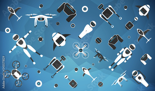 Modern robotic set vector illustration with stylish robot, drone, autonomous vehicle, flying car