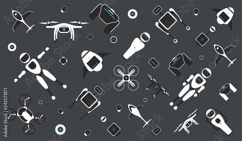 Modern robotic set vector illustration with stylish robot, drone, autonomous vehicle, flying car
