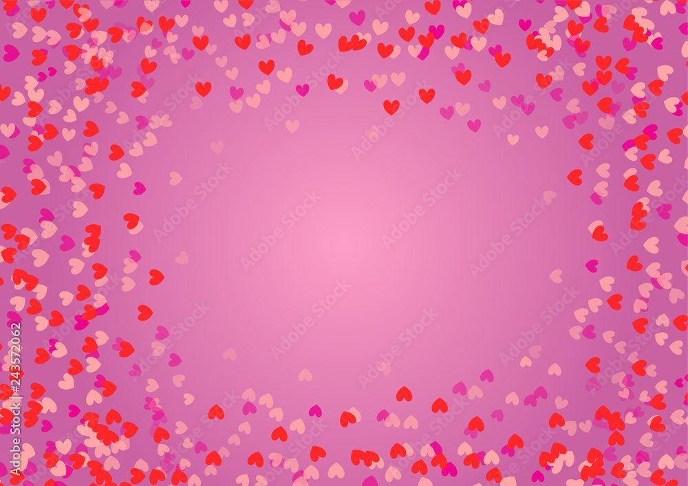 Red pink background with scattered hearts of different sizes. Frame with free copy space. Vector illustration that can be used during holidays or on card, invitation. Flying border with love elements.