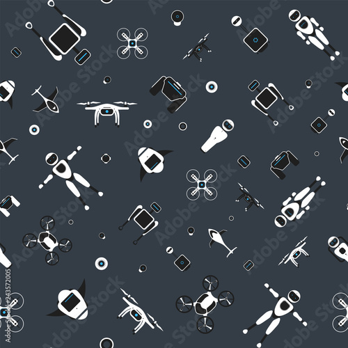 Modern robotic set vector illustration with stylish robot, drone, autonomous vehicle, flying car