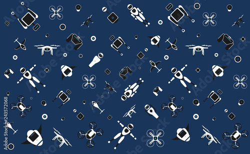 Modern robotic set vector illustration with stylish robot, drone, autonomous vehicle, flying car