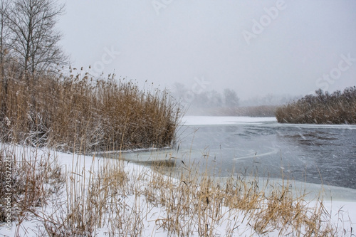 river, frozen, ice, winter, road, nature, background, landscape, white, forest, snow, blue, sky, water, travel, space, outdoor, cold, scene, rural, landmark, beauty, object, backdrop, tree, nobody, ou