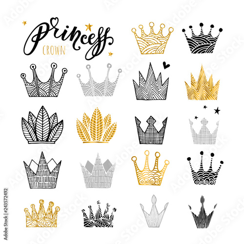 Set of doodle sketch crowns for your design. Black, gold and gray crowns logo set isolated on white background, princess diadem symbol, beauty and fashion shopping concept. Vector illustration.