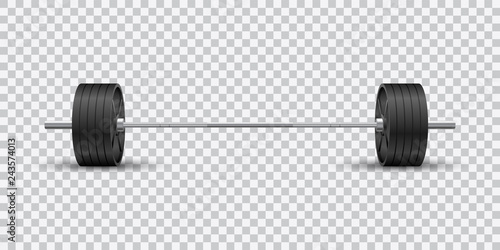 Beautiful realistic fitness vector front view of an olympic barbell with black iron plates on transparent background.
