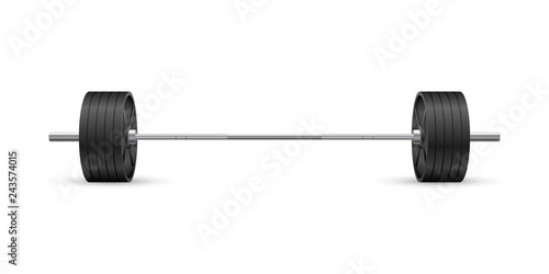 Beautiful realistic fitness vector front view of an olympic barbell with black iron plates on white background.