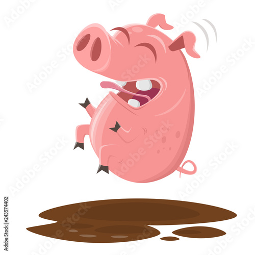 funny pig jumping into the puddle of mud