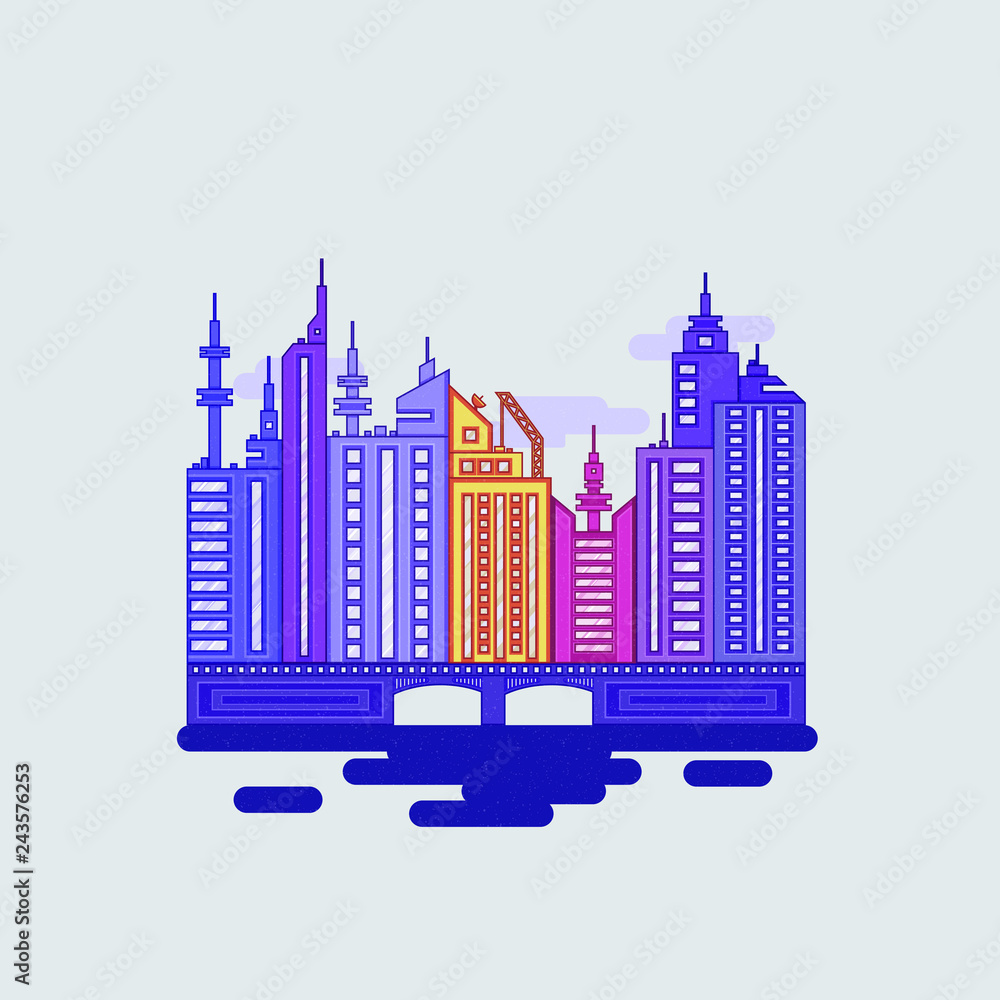 Modern flat illustration with colorful city landscape flat on white background. Flat design vector illustration.Modern urban landscape.