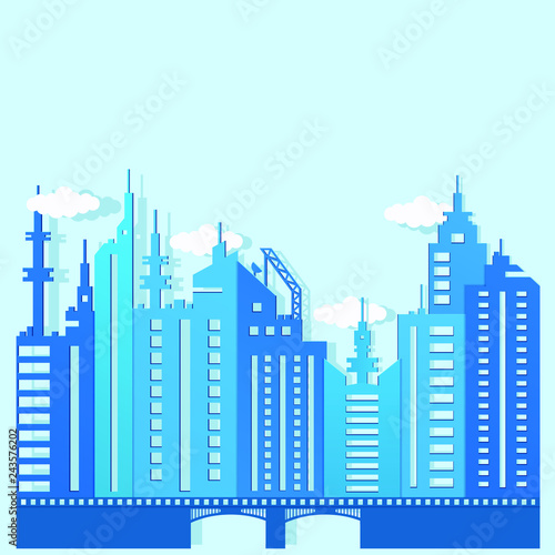 Vector paper cut illustration. Blue city landscape paper art in beautiful style on white background.Modern urban landscape.