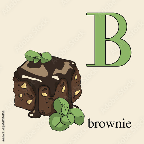 Letter B with brownie. Illustrated English alphabet with sweets.