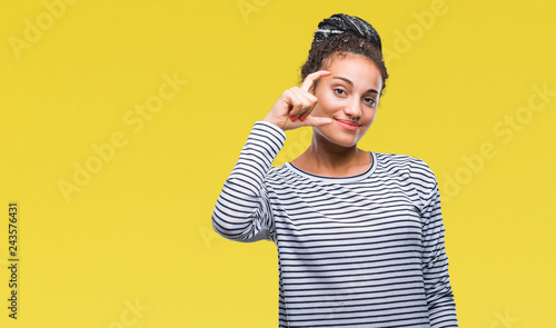Young braided hair african american girl wearing sweater over isolated background smiling and confident gesturing with hand doing size sign with fingers while looking and the camera. Measure concept.