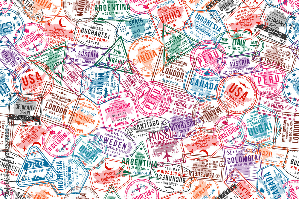 Vettoriale Stock Passport visa stamps, seamless pattern. International and  immigration office rubber stamps. Traveling and tourism concept background  | Adobe Stock