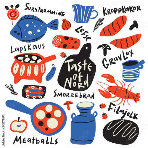 Taste of nord. Funny hand drawn typographic illustration of different scandinavian food and kitchen ware. Names of dishes. Vector.