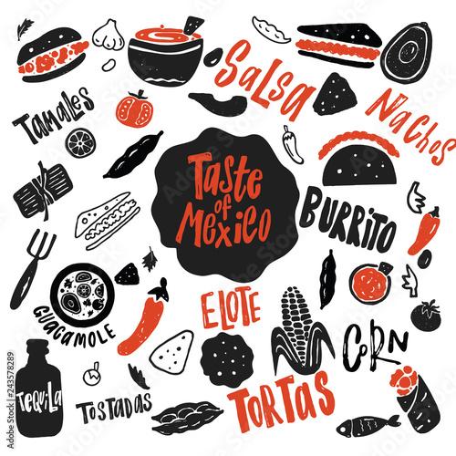 Taste of Mexico. Funny hand drawn vector illustration with names of food. Typography poster.