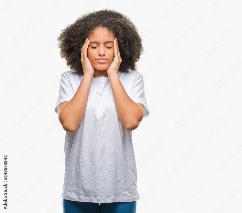 Young afro american woman over isolated background with hand on head for pain in head because stress. Suffering migraine. Young afro american woman over isolated background with hand on head for pain in head because stress. Suffering migraine.