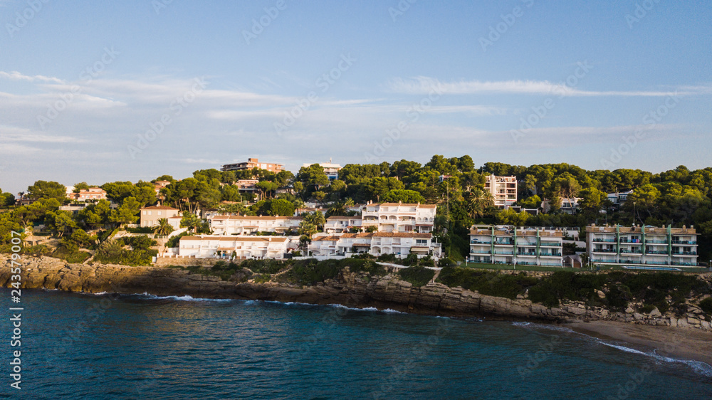 Aerial view of the Salou coastline, Costa Dorada, Catalonia. Apartments and hotels in front the Mediterranean sea