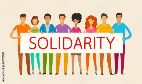 People holding blank banner. Solidarity, cohesion, unity concept. Vector illustration photo