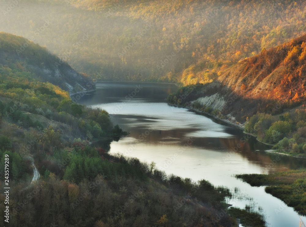 canyon of the Dniester River. autumn morning in the national park. scenic river