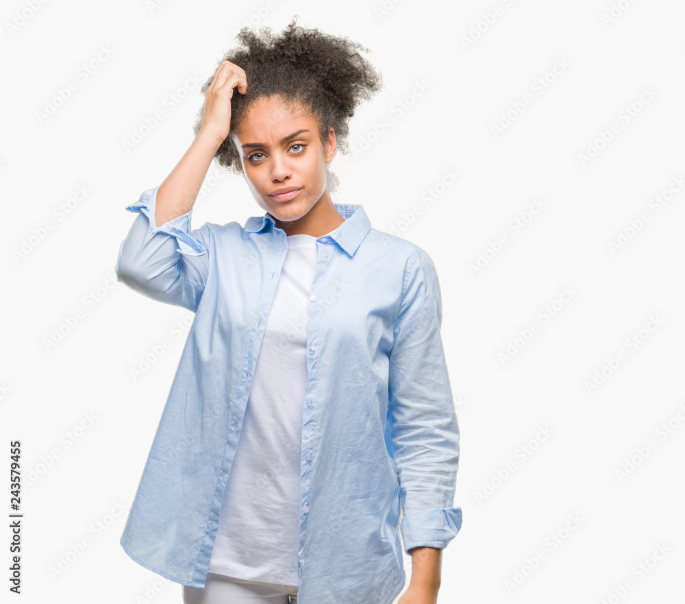 Young afro american woman over isolated background confuse and wonder about question. Uncertain with doubt, thinking with hand on head. Pensive concept. Young afro american woman over isolated background confuse and wonder about question. Uncertain with doubt, thinking with hand on head. Pensive concept.