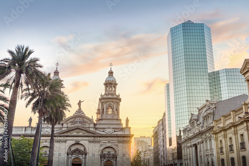 Plaza de Armas Square and Santiago Metropolitan Cathedral at sunset - Santiago, Chile