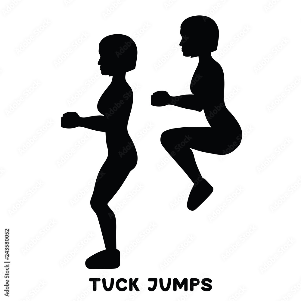 Tuck jumps. Sport exersice. Silhouettes of woman doing exercise. Workout, training. Tuck jumps. Sport exersice. Silhouettes of woman doing exercise. Workout, training.