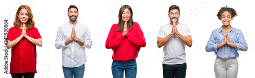 Collage of group chinese, indian, hispanic people over isolated background praying with hands together asking for forgiveness smiling confident.