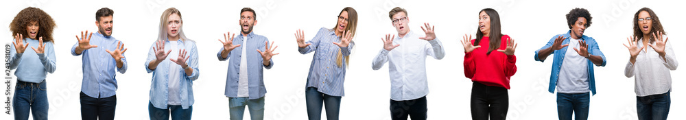 Composition of african american, hispanic and caucasian group of people over isolated white background afraid and terrified with fear expression stop gesture with hands, shouting in shock Composition of african american, hispanic and caucasian group of people over isolated white background afraid and terrified with fear expression stop gesture with hands, shouting in shock
