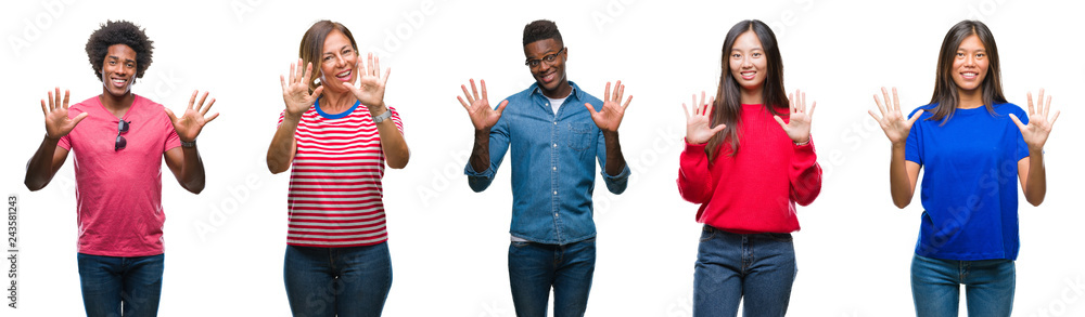 Composition of african american, hispanic and chinese group of people over isolated white background showing and pointing up with fingers number ten while smiling confident and happy. Composition of african american, hispanic and chinese group of people over isolated white background showing and pointing up with fingers number ten while smiling confident and happy.