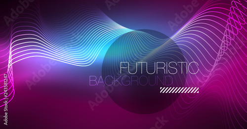 Abstract shiny glowinng color wave design element on dark background - science or technology concept