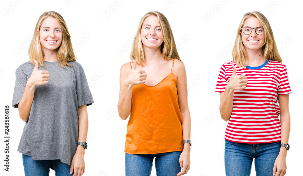 Collage of beautiful blonde woman over white isolated background doing happy thumbs up gesture with hand. Approving expression looking at the camera showing success. Collage of beautiful blonde woman over white isolated background doing happy thumbs up gesture with hand. Approving expression looking at the camera showing success.