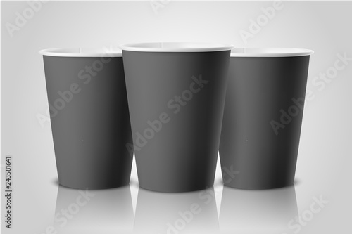 Vector Realistic 3d Black Paper Disposable Cup Set Closeup Isolated on White Background. Design Template of Paper Mug for Graphics, Mockup, Packaging. Front view