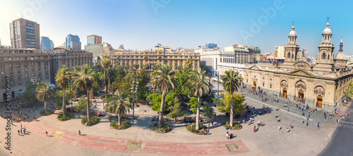 Panoramic aerial view of Plaza de Armas Square and Santiago Metropolitan Cathedral - Santiago, Chile
