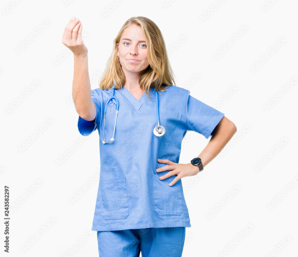 Beautiful young doctor woman wearing medical uniform over isolated background Doing Italian gesture with hand and fingers confident expression Beautiful young doctor woman wearing medical uniform over isolated background Doing Italian gesture with hand and fingers confident expression