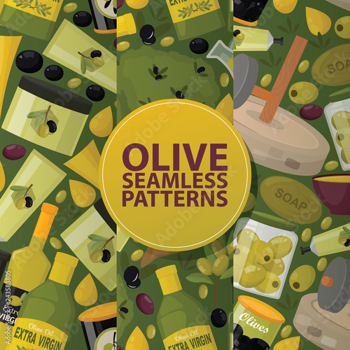 Olive vector seamless pattern oliveoil bottle with virgin oil backdrop natura...