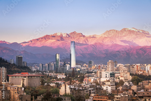 Aaerial view of Santiago skyline at sunset with Andes Mountains - Santiago, Chile