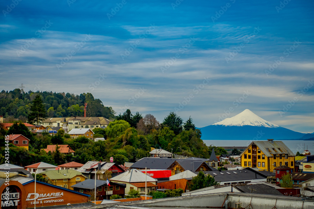 City of Puerto Varas with volcano of Osorno on the background. Chile