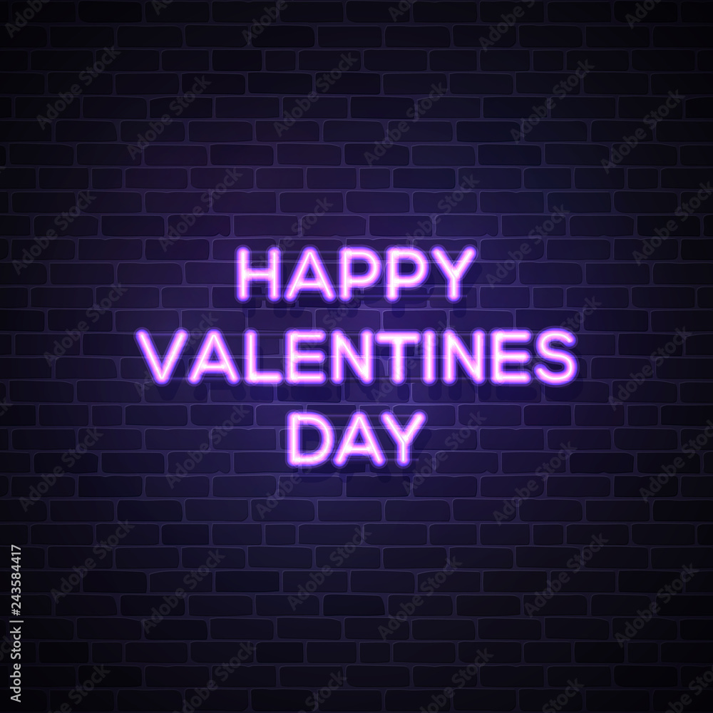 Happy Valentines Day text. Street neon sign on dark blue brick wall. Valentine's card with glowing neon letters. 80s style vector illustration. Happy Valentines Day text. Street neon sign on dark blue brick wall. Valentine's card with glowing neon letters. 80s style vector illustration.
