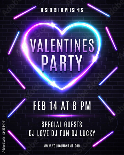 Valentine's Day party design for flyers, posters or banners. Abstract background with neon light heart. Dance party poster with glowing lines, highlight wireframe of heart. Bright vector illustration.