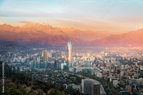 Aerial view of Santiago skyline at sunset - Santiago, Chile photo