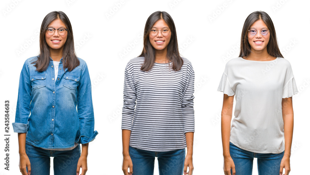 Obraz premium Collage of asian young woman standing wearing glasses over white isolated background with a happy and cool smile on face. Lucky person.